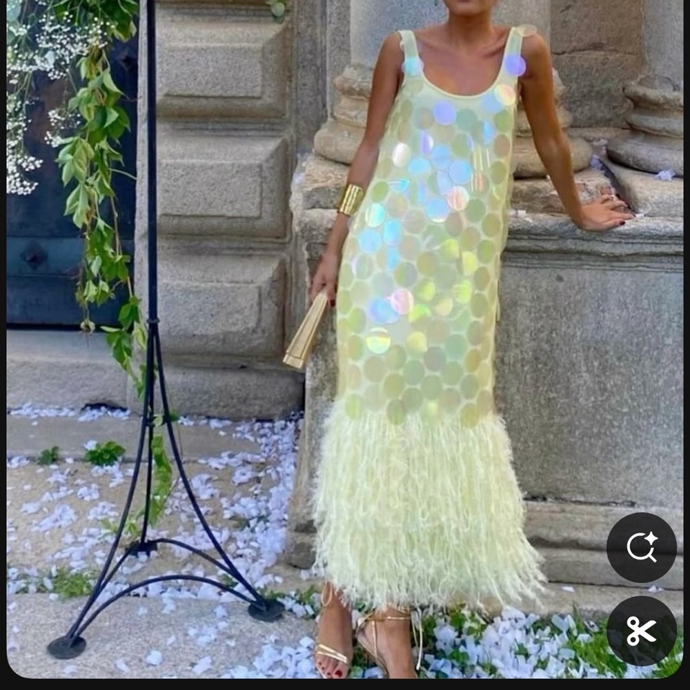 ISO ASOS EDITION paillette sequin midi dress with faux feather hem in lemon